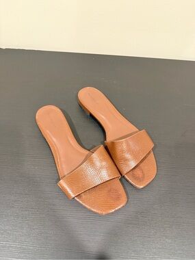 Reformation Brown Tan Textured Leather Slide Sandals